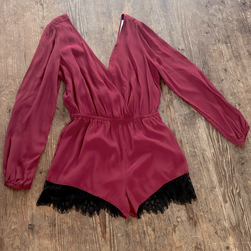 Lovers + Friends Burgundy Romper with Black Lace Trim